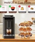Rotating K Cup Carousel Holder 3 Tier Organizer That Fits 27 K Cups with coffee maker on kitchen counter