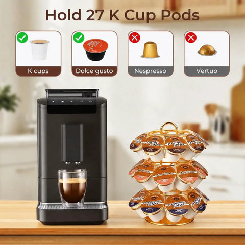 Rotating K Cup Carousel Holder 3 Tier Organizer That Fits 27 K Cups with coffee maker on kitchen counter