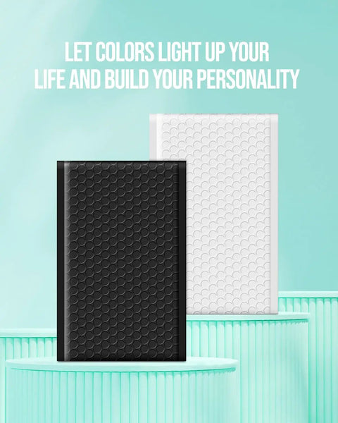 5x10 Inch Black Bubble Mailers Self Sealing Padded Envelopes, 100 Pack, with white envelope in teal background