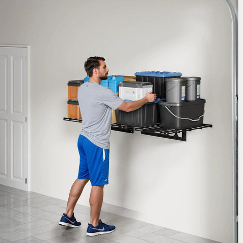 Heavy Duty Garage Wall Mount Shelving Unit 2 By 3 Feet Black 1 Pack Holds Up To 200 Lbs For Easy Organization And Storage Bins Classic Series Durable Steel Construction Easy Install Space Saving Garage Storage Solution with person organizing bins.