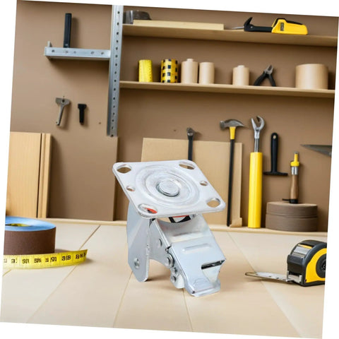 Heavy Duty 4 Inch Swivel Caster Bracket With Sure Grip Brake Lock and Quick Turn Wheel Frame showing steel mount in workshop.