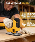 Man using a Cordless Jigsaw With Brushless Motor, Barrel Grip, 7 Speed, 3 Orbital Settings on wood in a workshop.