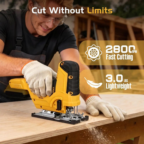 Man using a Cordless Jigsaw With Brushless Motor, Barrel Grip, 7 Speed, 3 Orbital Settings on wood in a workshop.