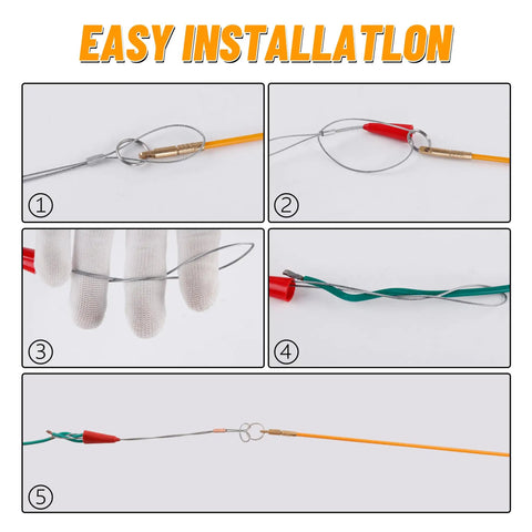 Step-by-step guide showing 11Ft Fiberglass Fish Tape Rods Kit for running electrical cables through walls and attics with attachments.