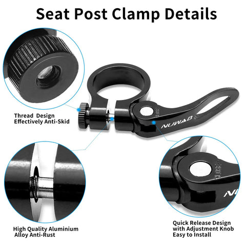 Premium Bike Seat Post Clamp With Quick Release Collar In Aluminum Alloy 31.8mm, showing details like anti-rust and anti-skid features.