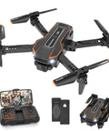 Black mini drone with 1080P HD FPV camera, remote control, batteries, and app display for kids RC quadcopter use.