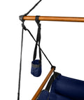 Close-up of Blue Hanging Hammock Chair With Wooden Dowels, 350 Lb Capacity, Includes Carrying Case, Pillow, Footrest, Cup Holder