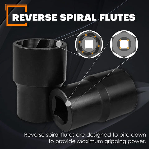 Close-up of Six Piece Lug Nut Remover Socket Set showing reverse spiral flutes for gripping damaged rusted bolts and screws.