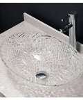 Super Slick Translucent Tempered Glass Countertop Basin With Pop Up Drain For Modern Bathroom Vanity Refresh And Bar Sink Upgrade Featuring Zero Hassle Install And Top Tier Construction That Is A Real Deal Steal, oval textured glass basin on marble countertop.