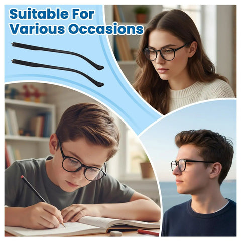 Black Eyeglasses Repair Kit With Straight Up Solid Temple Arms And Premium Nose Pads for fixing frames in various settings.
