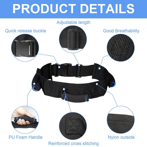 Gait Belt With Quick Release Buckle For Safe Elderly Transfers And No Fuss Mobility showing features and materials.
