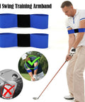 Two Pack Golf Swing Arm Bands Elastic Posture Corrector and Training Aid with golfer using one in swing position