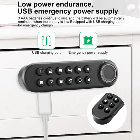 Smart Biometric Cabinet Lock With Fingerprint Password And USB Key showing keypad and USB charging cable
