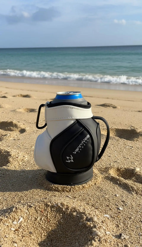 Two In One Golf Drink Holder Set With A 14oz Insulated Tumbler on beach sand with ocean view