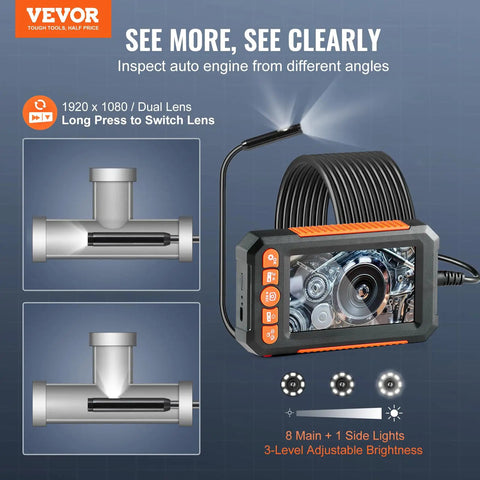 Dual Lens Endoscope Camera With Light For Auto And Plumbing, 4.3 Inch IPS Screen, 1080P HD Inspection Camera, dual-lens probe with 16.4 ft cable and screen