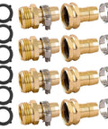 Four Pack Garden Hose Repair Connectors With Clamps For Three Quarters Inch Or Five Eighths Inch Hose Fittings displayed in rows