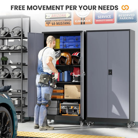 Man organizing tools in heavy duty rolling metal garage cabinet with lock, tall tool cabinet on wheels, 2 doors and 4 shelves.