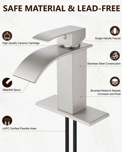 Waterfall Bathroom Faucet In Brushed Nickel 1 Or 3 Hole Deck Mount SUS304 Stainless Steel Sink Tap With Pop Up Drain Anti Fingerprint Coating RV Vanity Compatible No Fuss Install Durable Low Maintenance showing spout and handle design