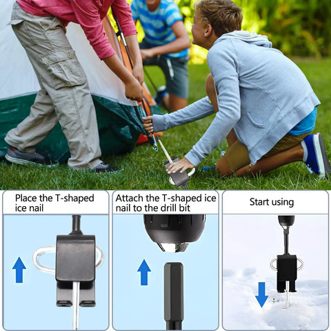 People setting up tent with Ice Anchor Drill Adapter Kit For Ice Fishing Shelters 11mm Drill Bit Compatible Includes Shelter Stake Nails