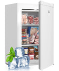 Sweet 3 Cu Ft White Upright Freezer with Reversible Door, packed with meats, seafood, and frozen meals for apartments and motor homes.