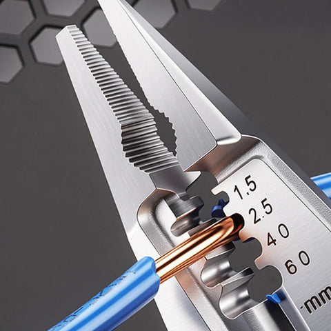 Close-up of Type C Electrician Pliers With Ncv Detection Power And Charge Cable Tester, gripping copper wire for voltage checks.