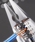 Close-up of Rechargeable NCV Voltage Detection Pliers With Type C Charging And Digital Readout clamping a wire for electrical testing.