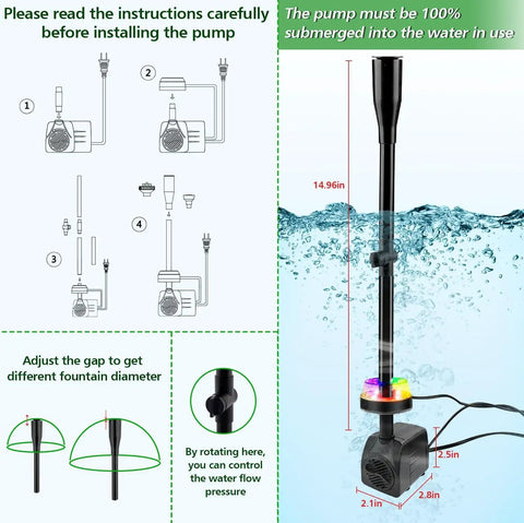 Diagram showing installation of Submersible Fountain Pump 15W 800L/H With LED Lights, quiet adjustable pump for water features.