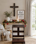 Solid Pine Wood Prayer Bench Kneeler With Cushioned Seat For Home And Church Use near decorated wall with religious art