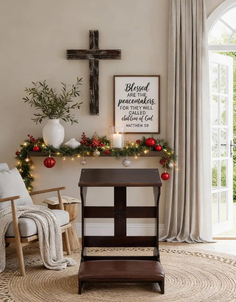 Solid Pine Wood Prayer Bench Kneeler With Cushioned Seat For Home And Church Use near decorated wall with religious art