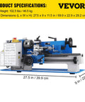 Badass Mini Metal Lathe 7X12 Inch Bench Top Machine With 550W Variable Speed Motor 2250RPM metal lathe dimensions 27.5x9x11.5 inches.