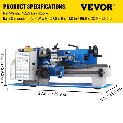 Badass Mini Metal Lathe 7X12 Inch Bench Top Machine With 550W Variable Speed Motor 2250RPM metal lathe dimensions 27.5x9x11.5 inches.
