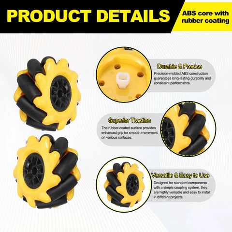 Two yellow 60mm Mecanum wheels with black rubber rollers and ABS core for smart robot car, 2-pack