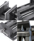 4 Inch Drill Press Vise Beefy Heavy Duty Solid Cast Iron Bench Vise With V Groove Jaws For Precision Drilling In Metalworking And Woodworking Rock Solid Stability Smooth Guide Rails And Easy One Hand Clamp close-up of jaws and lead screw