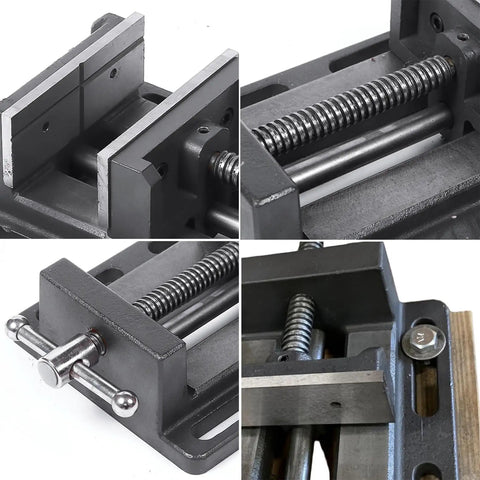 4 Inch Drill Press Vise Beefy Heavy Duty Solid Cast Iron Bench Vise With V Groove Jaws For Precision Drilling In Metalworking And Woodworking Rock Solid Stability Smooth Guide Rails And Easy One Hand Clamp close-up of jaws and lead screw