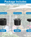 Umbrella Base Replacement Parts Kit With Ring Plugs And Two M8 Threaded Knobs shown with 1.9in and 1.5in pipe sleeves