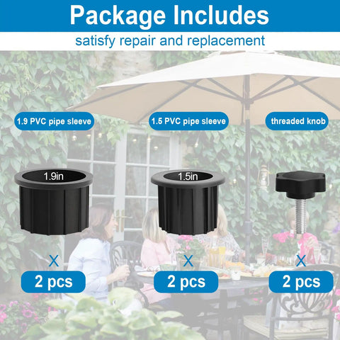Umbrella Base Replacement Parts Kit With Ring Plugs And Two M8 Threaded Knobs shown with 1.9in and 1.5in pipe sleeves