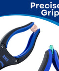Close-up of 34 Inch Extra Long Reacher Grabber With Foldable Gripper And Rotating Jaw grabbing a coin, blue grip visible