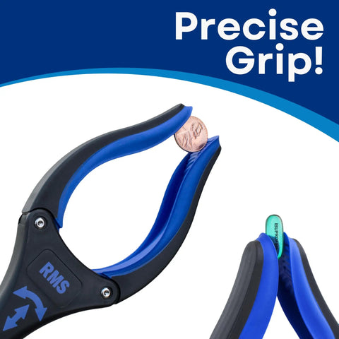 Close-up of 34 Inch Extra Long Reacher Grabber With Foldable Gripper And Rotating Jaw grabbing a coin, blue grip visible