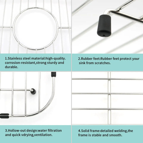 Stainless Steel Sink Grid Protector For Kitchen Sink 11 3/4 By 13 7/8 Inches Center Drain 304 Food Grade Rubber Feet Features