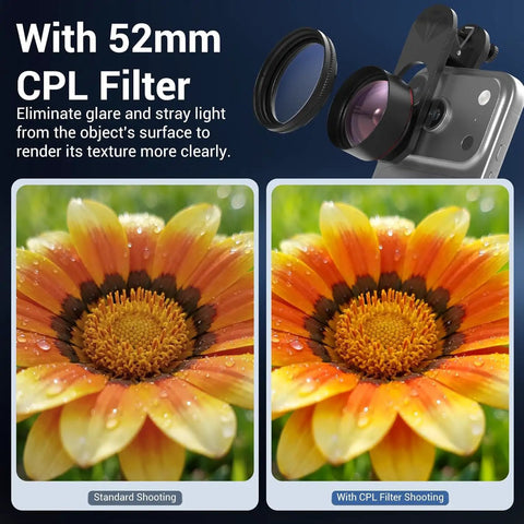 Comparison of flower photo with and without CPL filter using Macro Lens Kit For Smartphones With CPL Filter And HD Macro Lens Clip On Universal Phone Attachment For iPhone And Android Ultra Clear UHD Optics For Close Up Shots Snappy Quick Attach
