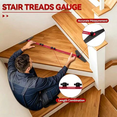 Adjustable Aluminum Stair Tread Template And Framing Gauge Jig measuring stairs with rubber grip for accurate layouts.