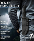 Person outdoors with fixed blade knife with sheath for outdoor use fire forged high carbon steel razor sharp edge on belt