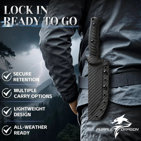Person outdoors with fixed blade knife with sheath for outdoor use fire forged high carbon steel razor sharp edge on belt