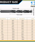 Kick The Drill Bit Set That Goes From 1mm To 13mm And Handles Metal Wood Projects Like A Boss With Smooth Shanks And Black Oxide Finish. size chart for 13pc HSS drill bits 1mm to 13mm