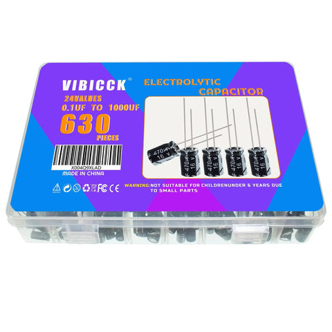 Mega Value 24 Value 630 Piece Electrolytic Capacitor Kit from 0.1uF to 1000uF displayed in clear case with label