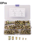 Rivet Nut Assortment Kit 150Pcs Six Sizes M3 M4 M5 M6 M7 M8 Zinc Plated Carbon Steel Threaded Inserts For Auto Repair, Furniture Assembly, Home Improvement And DIY Projects. Case with assorted zinc plated threaded inserts, M3-M10 sizes.