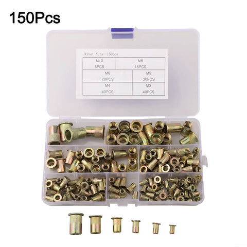 Rivet Nut Assortment Kit 150Pcs Six Sizes M3 M4 M5 M6 M7 M8 Zinc Plated Carbon Steel Threaded Inserts For Auto Repair, Furniture Assembly, Home Improvement And DIY Projects. Case with assorted zinc plated threaded inserts, M3-M10 sizes.