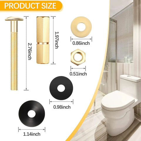 Heavy Duty Toilet Tank Bolt Kit 4 Pack Stainless Bolts Brass Nuts Easy Install with dimensions and bathroom view