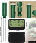 4 In 1 Wireless Soil Tester with Moisture Meter, Thermometer, Sunlight and Time Display; includes battery instructions, digital display, and soil sensor.