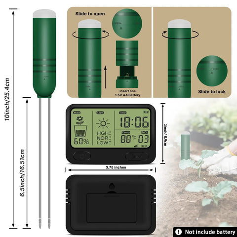 4 In 1 Wireless Soil Tester with Moisture Meter, Thermometer, Sunlight and Time Display; includes battery instructions, digital display, and soil sensor.